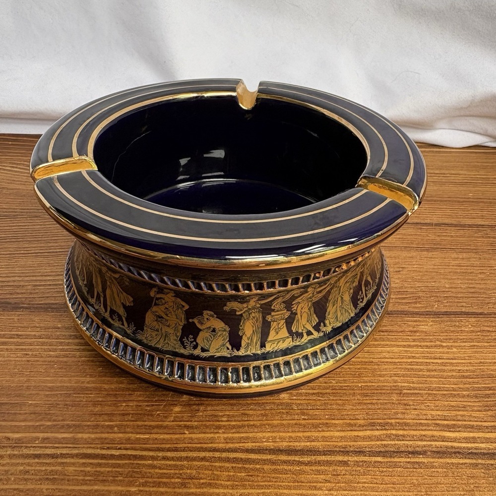Vintage Handmade Greece 24K Gold Cobalt Blue Ceramic Ashtray Greek Motif Decor